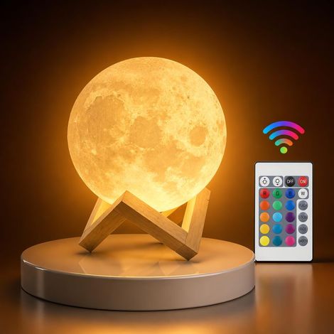 Irovami Lampe lune 3D 15 cm avec télécommande tactile, veilleuse LED RGB 16 couleurs rechargeable par USB, socle en bois, idéale pour la décoration de chambre ou comme idée cadeau. (1/5)