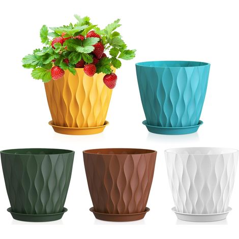 12.7cm Pot de Fleur Interieur, Lot de 5 Plastique Pot Plante avec Drainage et Soucoupes, Design Ondulé 3D Moderne, Pot Semis pour Succulentes, Cactus, Multicolore (1/5)