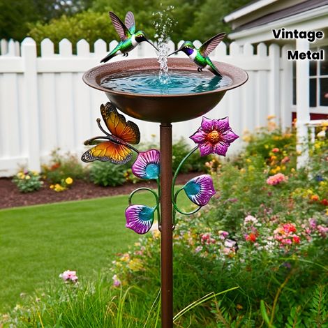 Baignoire à oiseaux de jardin en métal avec décorations de papillons et de fleurs, mangeoire à oiseaux extérieure vintage en fonte (1/4)