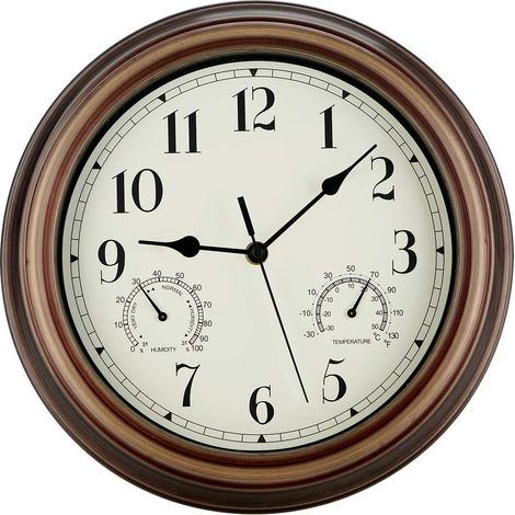Horloge Murale 30 Cm Etanche Avec Thermomètre Et Hygromètre - Usage Intérieur Et Extérieur - Mécanisme Silencieux - Fonctionne Sur Pile AA - 1 Pièce