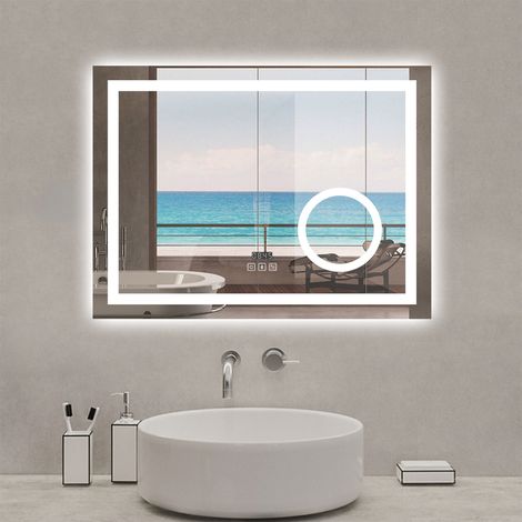 Acezanble Miroir lumineux 100 x 60cm, bluetooth + 3 couleurs + dimmable + grossissant + horloge + anti-buée + mémoire, miroir salle de bain led
