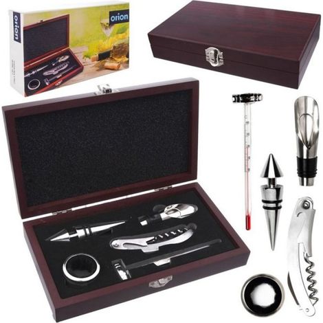 Coffret Accessoires Vin - 5 Pièces - Ouvre-Bouteille Thermomètre Stoppeur Bec Verseur Anneau Anti-Goutte - Boîte Bois - 1 Unité