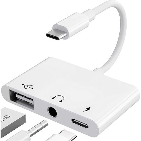 Adaptateur USB-C avec prise jack 3,5 mm, charge rapide et OTG, répartiteur audio USB-C vers auxiliaire pour casque (blanc)