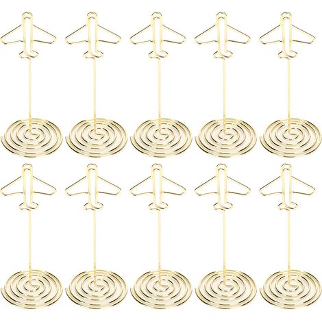 10Pcs Message Clip Desktop Metal Business Card Photo Golden Airplane Holder with Base