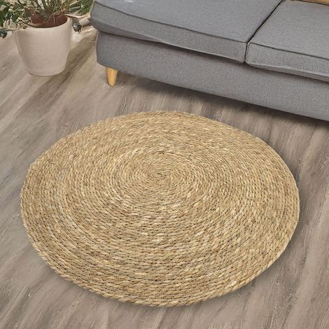 Seegras Teppich rund natur - Ø 80 cm - Bodenmatte im Ethno Style - Niedrigflor Naturfaser Matte Landhaus Boho Stil recycelbar antistatisch farbecht