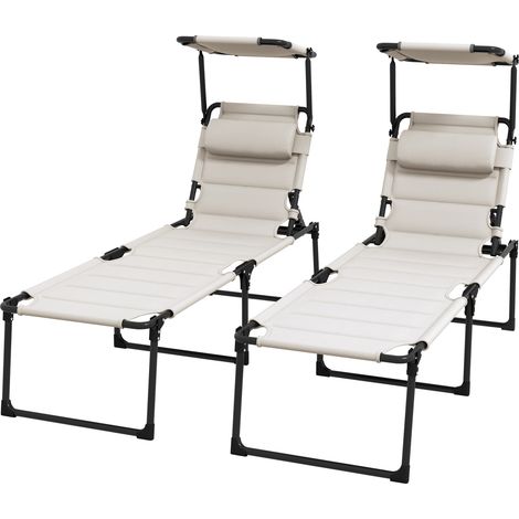 Set aus 2 besonders bequemen, klappbaren Sonnenliegen, mehrfach verstellbare Rückenlehne mit Sonnenschutz, cremefarben