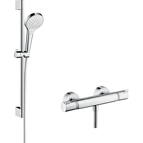 Hansgrohe – Colonne de douche thermostatique Ecostat Comfort – Douchette Croma Select S 110 Vario 3 jets – Barre de douche 65cm – Flexible Isiflex 1,60m
