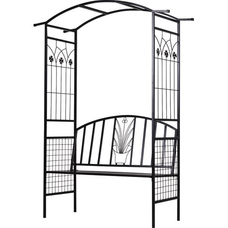 Arche de jardin avec banc intégré, treillis, support pour plantes grimpantes, toit arqué, métal, noir, 154 x 60 x 205 cm (1/5)