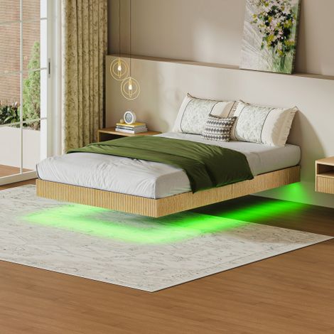 Letto moderno dal design sospeso e con pannelli scanalati, dotato di suggestive luci LED e struttura in ferro piatto rinforzato - 140 x 200 cm - Rovere chiaro (1/5)
