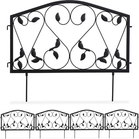 Bordure Potager, clôture Jardin 4 éléments, Fer, Antique, Design Feuilles, H x L : 33 x 225 cm, Noir (1/5)