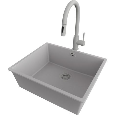PRIMAGRAN Evier Cuisine en Granit 56x47cm,Lavabo 1 bac + Robinet 40x20cm + Kit de Vidage, Évier à Encastrer au meuble 60cm - London Slim, Gris (1/5)