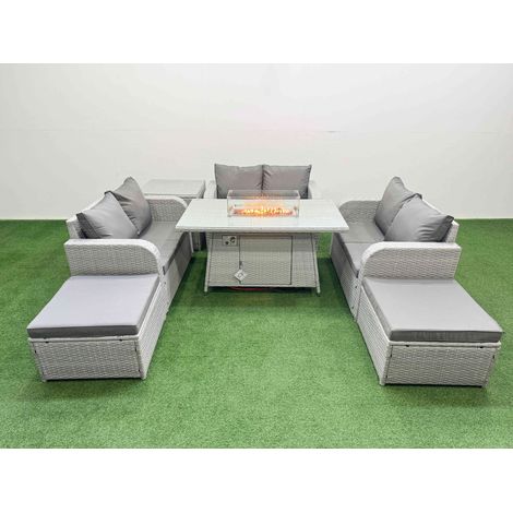 Fimous 8 Seater PE Wicker Rattan Furniture Sofa Sets with Firepit Dining Table 2 Seater Love Sofa 2 Big Footstool Side Table Light Grey (1/4)