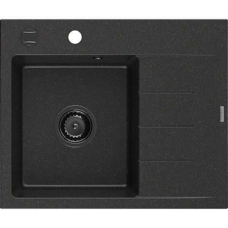 Mexen Ben évier en granit 1 bac avec égouttoir gauche 600 x 500 mm noir/argent métallisé, siphon noir - 6522605000-73-B (1/5)
