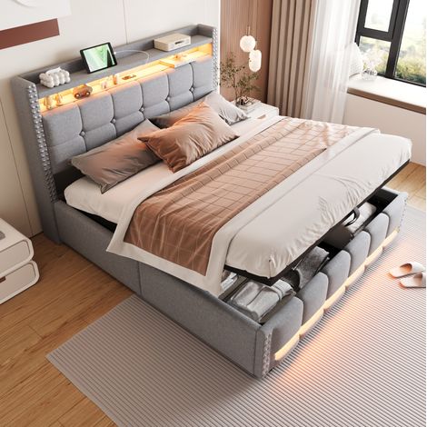 Cama doble tapizada con almacenaje LED USB gris claro OKMYHOME (1/5)