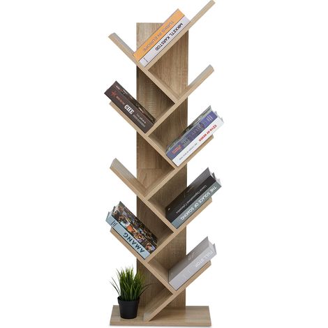 Mondeer 8-Tier Tree Bookshelf, Wooden Shelves for CDs Magazine, Modern, for Living Room & Office, 40 x 20 x127cm, Oak (1/5)