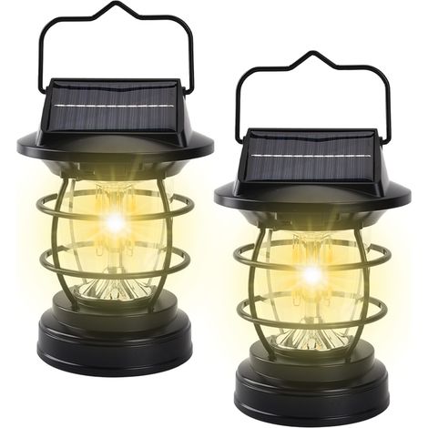 Lot de 2 lanternes solaires de camping vintage rechargeables avec double panneau solaire suspension éclairage extérieur étanche détection présence allumage automatique terrasse jardin randonnée pêche (1/4)