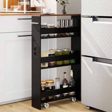 COSYWAY Carrello Portaoggetti da Cucina, Scaffale con Maniglia Laterale e Ruote, Carrello Salvaspazio con 3 Scaffali Stretti, 47,5x13x80,5 cm (Marrone+nero,con presa) (1/4)