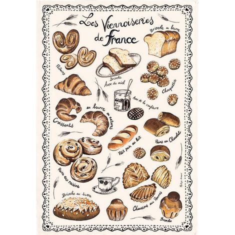 Torchon de Cuisine Essuie-Vaisselle Motif Viennoiseries Françaises 100% Coton Écru 48 x 72 cm - PANGIVO