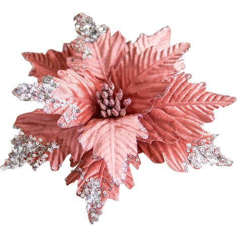 25cm Artificial Christmas Flower in Glittery Velvet, Handmade, Gold, Silver, Gray, Pink, White, Christmas Tree Decoration - Flesh Pink (1/5)