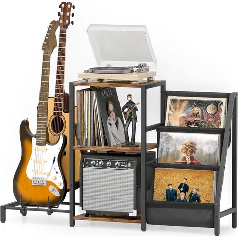 Rangement Disques Vinyles, Support Guitare pour Guitare Acoustique, Électrique, Basse avec Support d'ampli, Tourne-disques à 3 Niveaux Pouvant Contenir Jusqu'à 200 Albums (1/5)