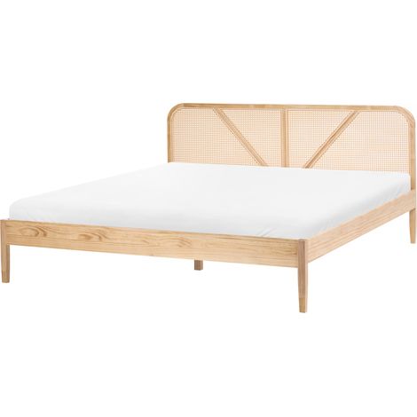 Cama de madera estilo retro cabecero ratán 180 x 200 cm somier de listones marrón claro Belleme (1/5)