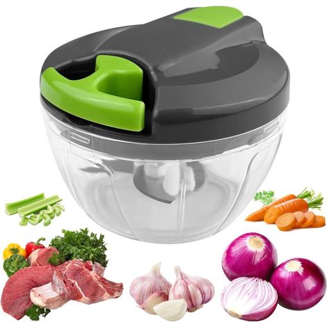 Mini hachoir de cuisine manuel, coupe-oignons manuel filaire de 520 ml, mixeur plongeant avec 3 lames en acier inoxydable, hachoir à légumes, coupe-oignons manuel, trancheuse à oignons (vert) (1/5)