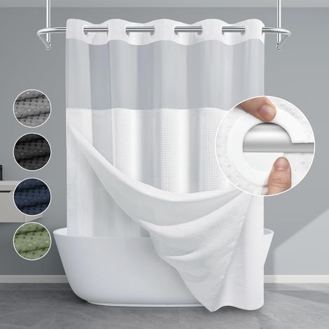 Weißer Duschvorhang ohne Haken mit Druckknopffutter, 230 g/m² Waffelgewebe-Duschvorhang für Badezimmer (188 x 180 cm)