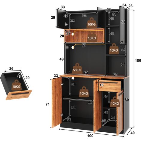 Meuble de cuisine, armoire haute avec LED et prises, meuble garde-manger à 6 portes et 1 tiroir, salon et salle à manger, 100x40x180cm (1/5)