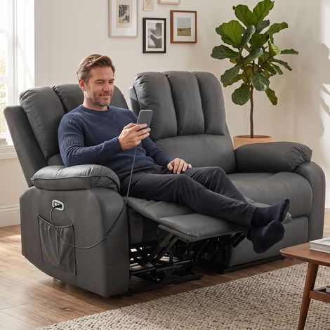 Canapé inclinable électrique 2 places en similicuir avec fonction massage et chauffage, 2 télécommandes, ports USB/USB-C (1/5)