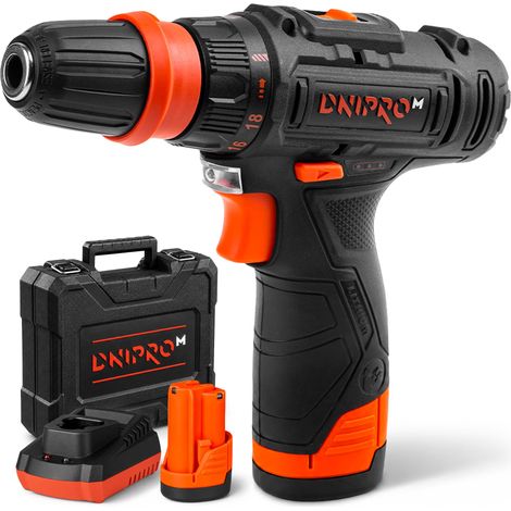 DNIPRO-M Taladro Atornillador 12V 25Nm, 2 Baterías 2Ah + Cargador + Maletín, 2 Velocidades, Portabrocas 10mm, Luz LED – CD-12QX (1/5)