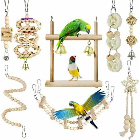 Support à bascule pour perroquet, jouet à mâcher en perles de bois tressées à la main avec crochets métalliques, accessoires de cage suspendus anti-stress et éducatifs pour ara