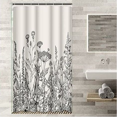 Duschvorhang „Camper Stall Floral Border“ (90 x 180 cm) mit Kräuter- und Wildblumenmuster, Vintage-Gravur, wasserdichtem Polyestergewebe, inklusive Haken (1/4)