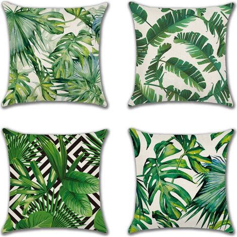 Extérieur Housse de Coussin, Lot de 4 Imperméable Plante Tropicale Verte Motif Canapé Taie d'oreiller pour Patio Jardin Salon Chambre Décoration, 45x45cm (1/4)