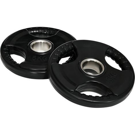 Set de 2 disques de musculation Tri-Grip 5 kg avec revêtement en caoutchouc, 5 cm de trou, pour entraînement fonctionnel (1/5)