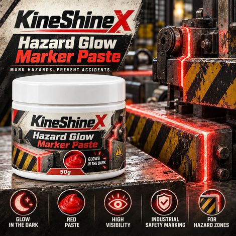 KineShineX equipment hazard markings, water-based luminous paint, red luminous warning markings, preventative warnings. (1/4)