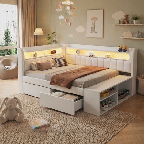 Lit adulte 90x200 cm en bois blanc, avec rangement pour chambre, sans matelas FloraGrace (1/5)