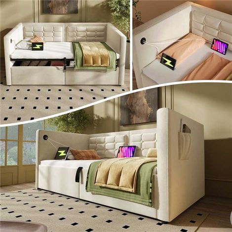 Lit banquette 90x200 cm en velours beige avec coffre de rangement hydraulique et ports usb-c, sans matelas (1/5)