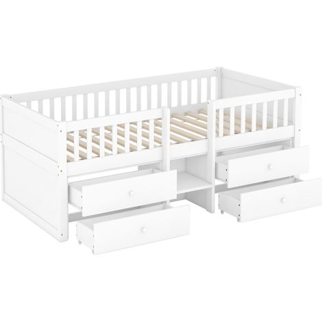 Lit mi-hauteur 90200 cm, 4 tiroirs, barrière de sécurité, échelle, pin, sans matelas, style minimaliste, blanc (1/5)