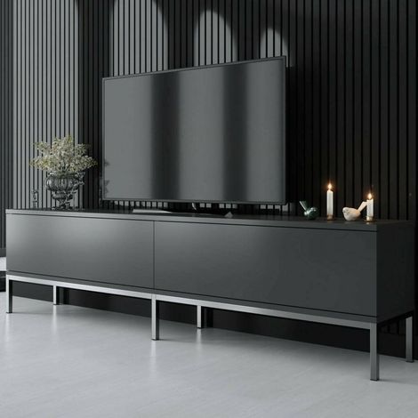 Dmora - Meuble TV Regulus, Buffet de salon, Armoire basse pour TV, Base murale de rangement, 180x30h47 cm, Anthracite et Argent, avec emballage renforcé (1/5)