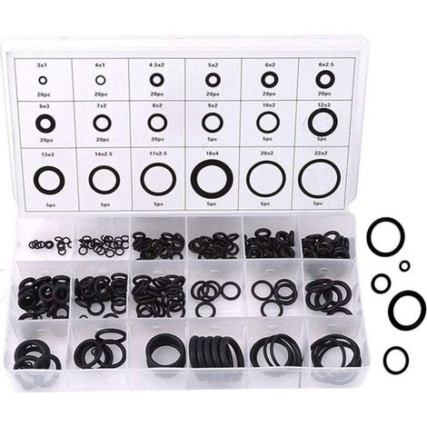 Joint torique Kit, 225 Rondelle Caoutchouc Anti Vibration 18 Tailles Coffret de Joints Toriques Assortiment Set Anneau de Joint, Jeu Joint torique Rondelle Kit Assortiment de joints (Noir) (1/5)