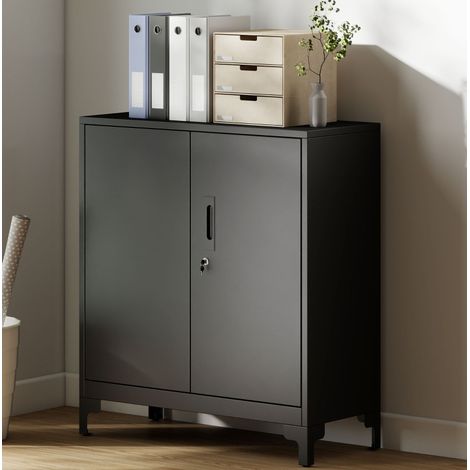 MEUBLIV Armoire de bureau en métal noire avec portes verrouillables, rangement 2 niveaux (1/5)