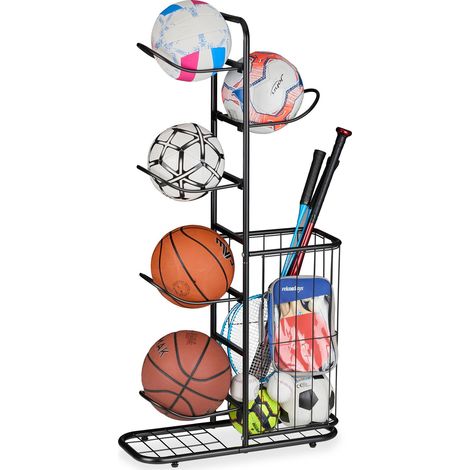 Relaxdays Scaffale per Attrezzatura Sportiva in Acciaio, Ceste per Palloni da Basket, Calcio, Pallavolo, Racchette, Nero (1/5)