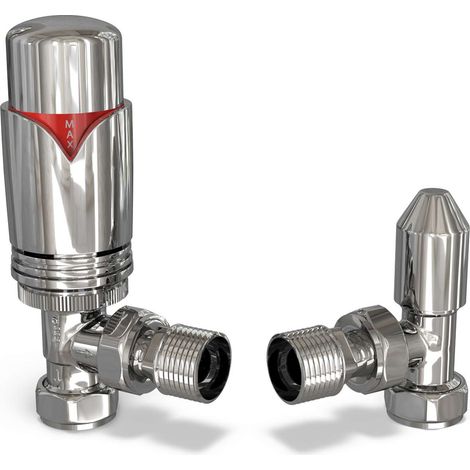 Derry Bold - Chrome Thermostatic Radiator Valve & Lockshield Angled 15mm
