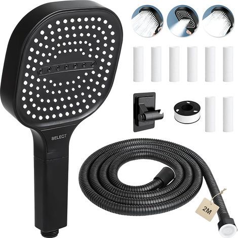 Pommeau de douche anti calcaire avec Tuyau 2m Pommeau de douche haute pression avec 3 modes douchette douche salle de bain pommeau douche Carré grand, 8 filtre, Support de Douche(noir) (1/5)
