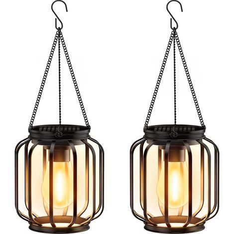 Solar Hanging Outdoor Lanterns 2 Pack Metal Solar Hanging Lights, Bright-Warm Waterproof LED Lanterns for Outdoor Use, Classic Decorative Solar Lights for Garden Patio