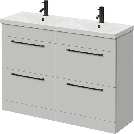 Napoli 390 Gloss Grey Pearl 1200mm 4 Drawer Vanity Unit with Double Glide Basins - 1200mm - Matt Black 320mm Handle