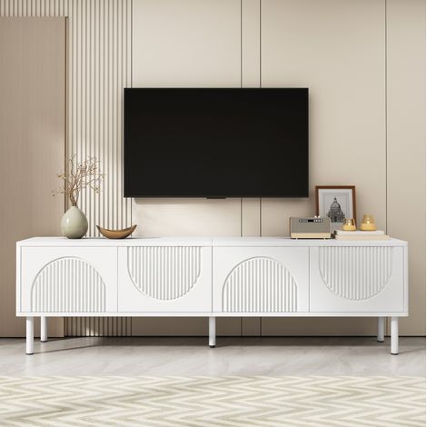 Meuble TV 180x40x52 cm blanc en MDF et panneaux de particules avec rangement, passe-câbles et montage facile (1/5)
