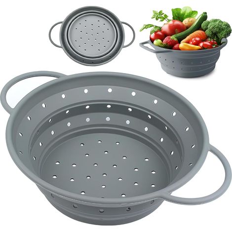 Passoire à Pâtes Pliable en Silicone avec Poignées, Colander Panier de Lavage, Égouttoir Pliable, Passoire Filtre de Cuisine Multifonctionnelle pour Pâtes, Fruits, Légumes, 21,5 cm (Gris) (1/5)
