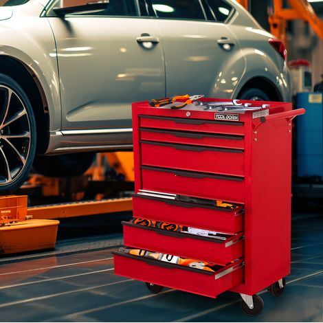 Carrello portautensili con 7 cassetti su ruote, acciaio, rosso, OKWISH (1/5)