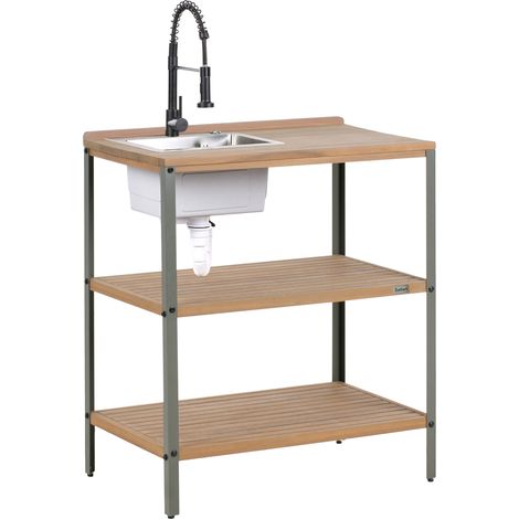 Isla de cocina exterior de madera de acacia con fregadero y 2 estantes 50 x 80 x 92 cm encimera de madera maciza marrón/negro Ivrea